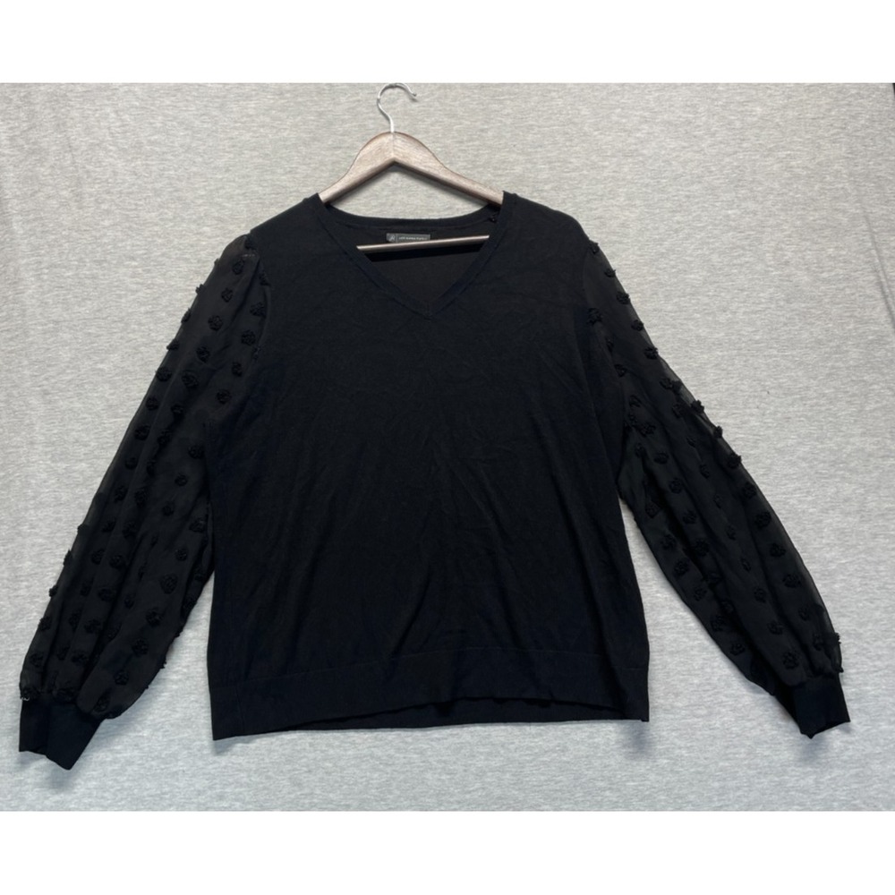 Adrianna Papell Sweater Womens Large Black Viscose V Neck Sheer Puff Sleeve